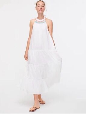 J. Crew White Halter Maxi Dress with Pastel Beaded Neckline